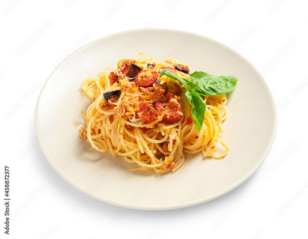 Plate of tasty Pasta Puttanesca on white background