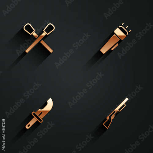 Set Burning match with fire, Flashlight, Hunter knife and Hunting gun icon with long shadow. Vector