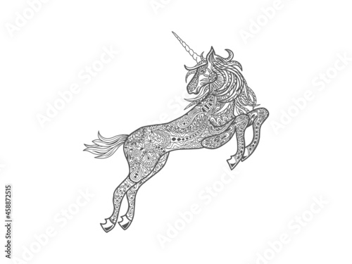 decorative unicorn with zetangle art style, vector isolated