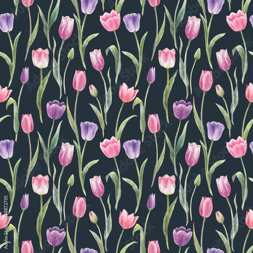 Beautiful vector floral seamless pattern with hand drawn watercolor tulip flowers. Stock illustration.