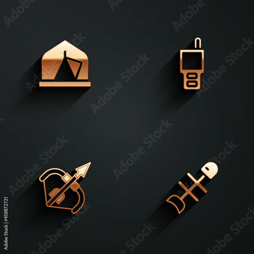 Set Tourist tent, Walkie talkie, Medieval bow and arrow and Dead fish icon with long shadow. Vector