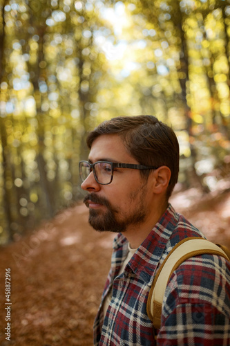 Caucasian male model outdoors in nature.
