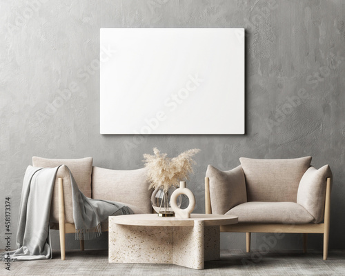 Living room with mock-up poster, armchair and home decoration, 3d illustration.