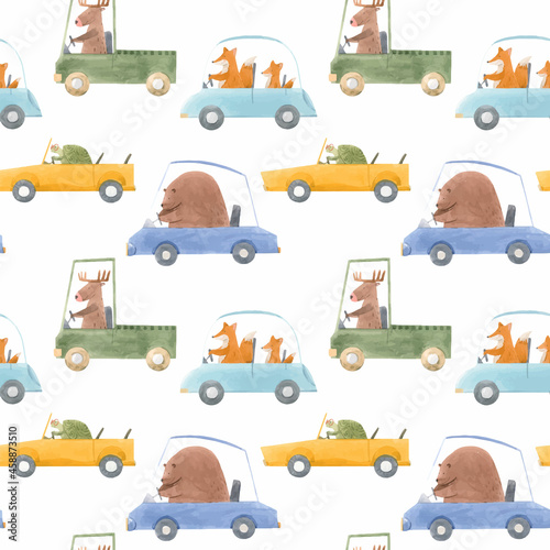 Beautiful vector seamless baby pattern with cute hand drawn watercolor animal drivers in cars. Stock illustration.