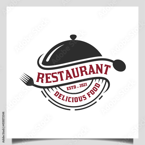 vintage retro restaurant classic food with fork , spoon and dish design concept emblem logo template