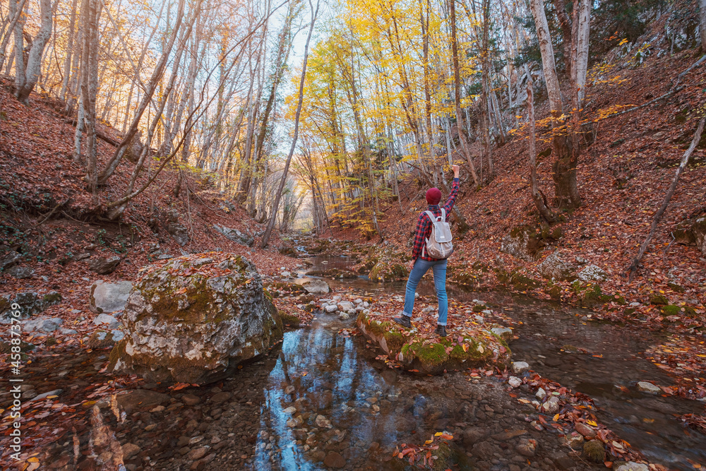 Woman hiking looking at scenic view of autumn foliage landscape.