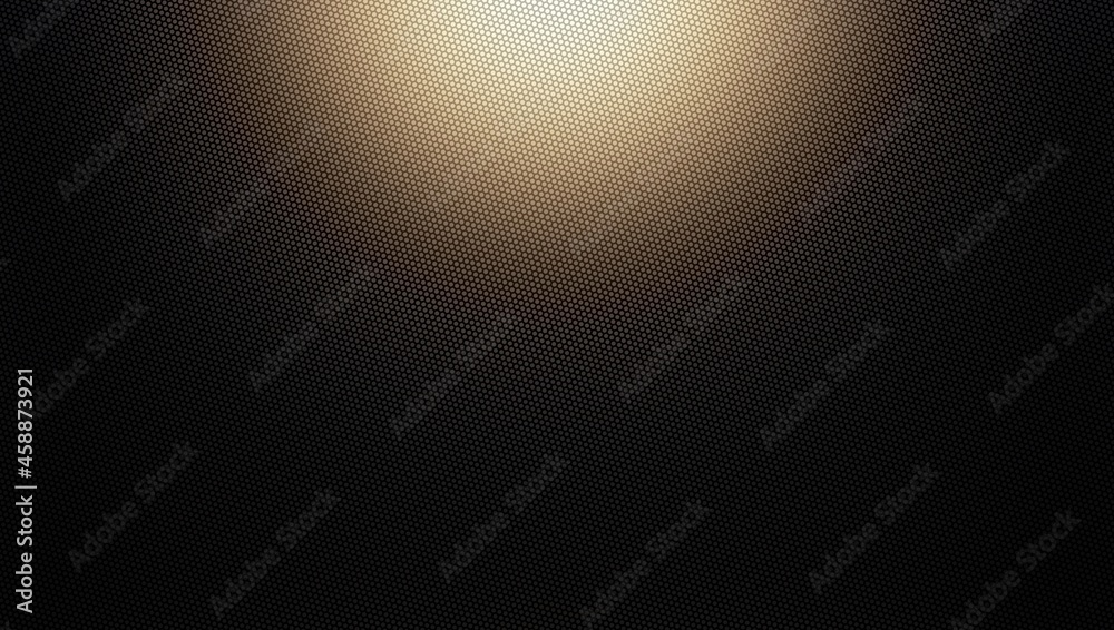 Small hexagonal cells grid black textured background with top ilumination. Dark exquisite smooth geometric surface.