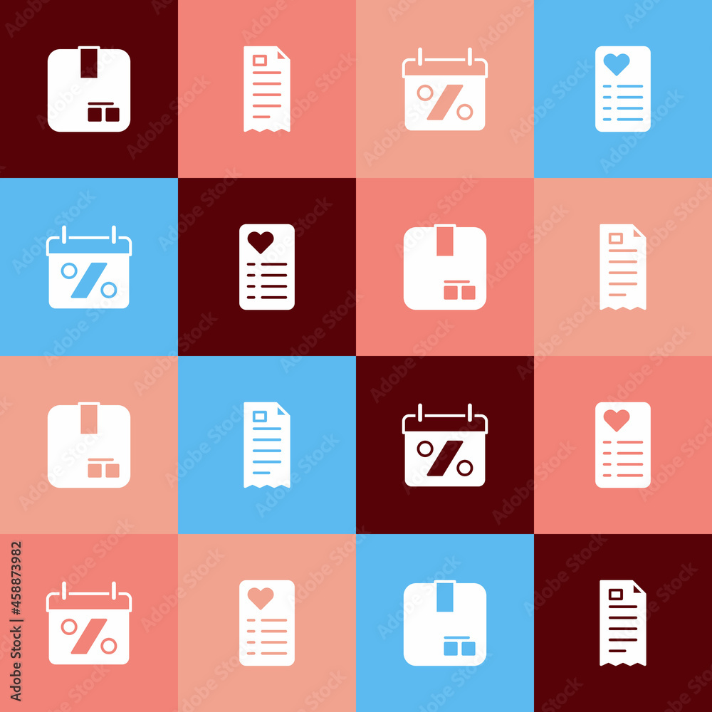 Set pop art Carton cardboard box, Financial check, Discount percent tag and Shopping list icon. Vector Set pop art Carton cardboard box, Financial check, Discount percent tag and Shopping list icon. Vector