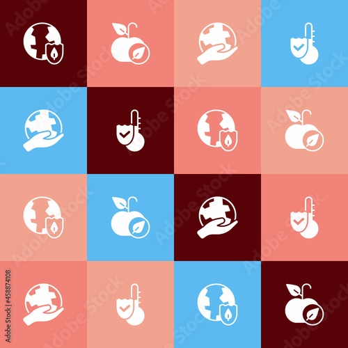 Set pop art Earth with shield, Apple, Hand holding globe and Thermometer icon. Vector