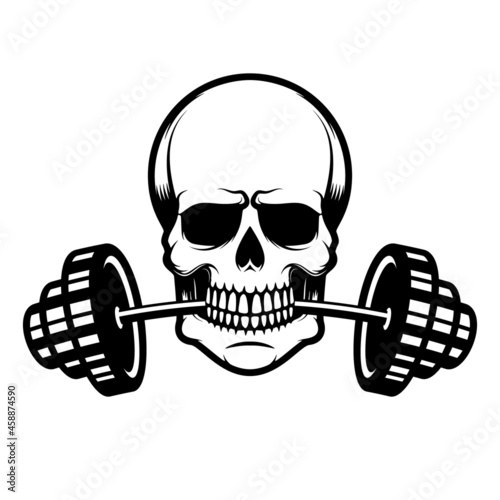 Skull with barbell in teeth. Vector illustration