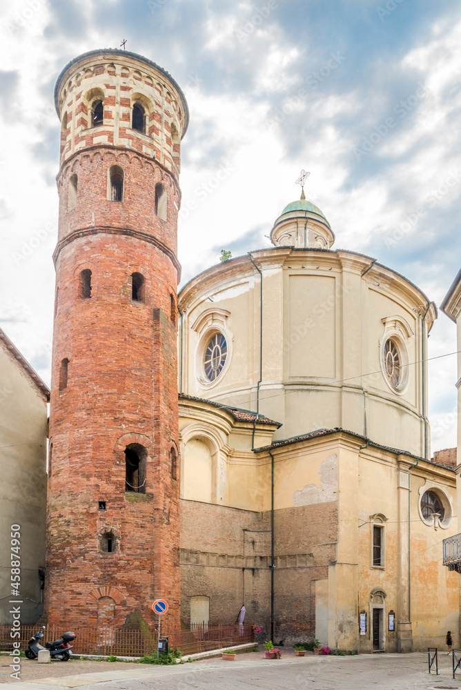 View at the Church of Saint Catherine and Red Tower in the streets of Asti - Italy