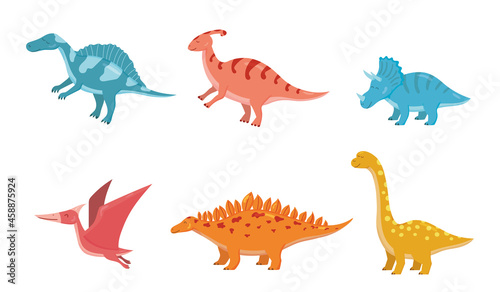 Dinosaurs vector illustration set. Cartoon colorful dino collection of stegosaurus  brontosaurus  triceratops  diplodocus  spinosaurus isolated on white background