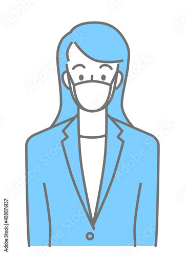 Upper body of a young woman in a suit wearing a mask (colored)