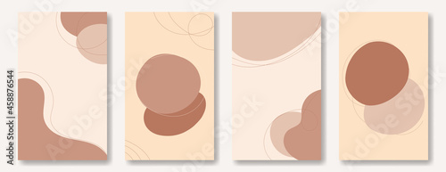Set of abstract vertical flat templates in earthy palette . Backgrounds with copy space for social media posting, spots and lines in skin tone.