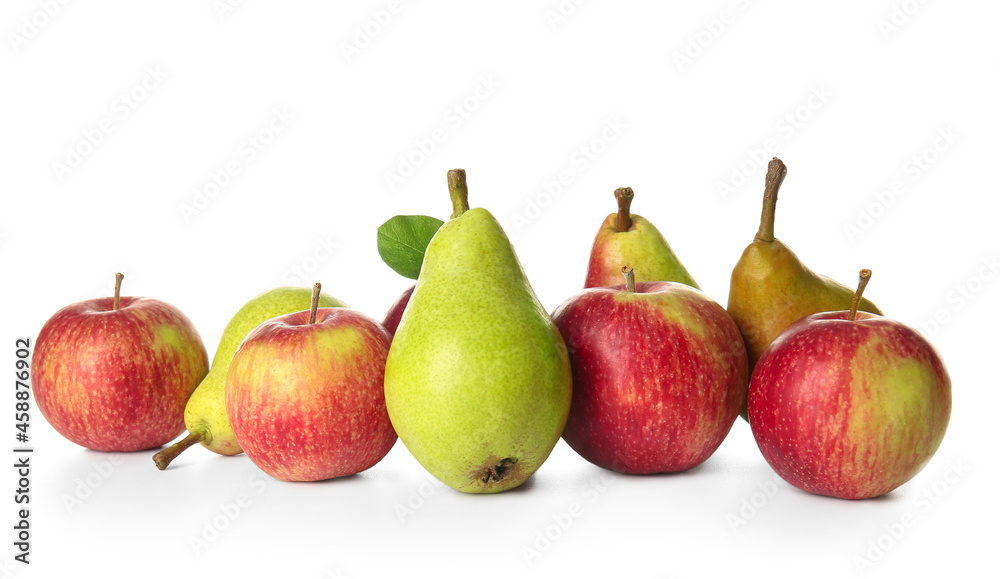 Ripe pears and apples on white background Ripe pears and apples on white background
