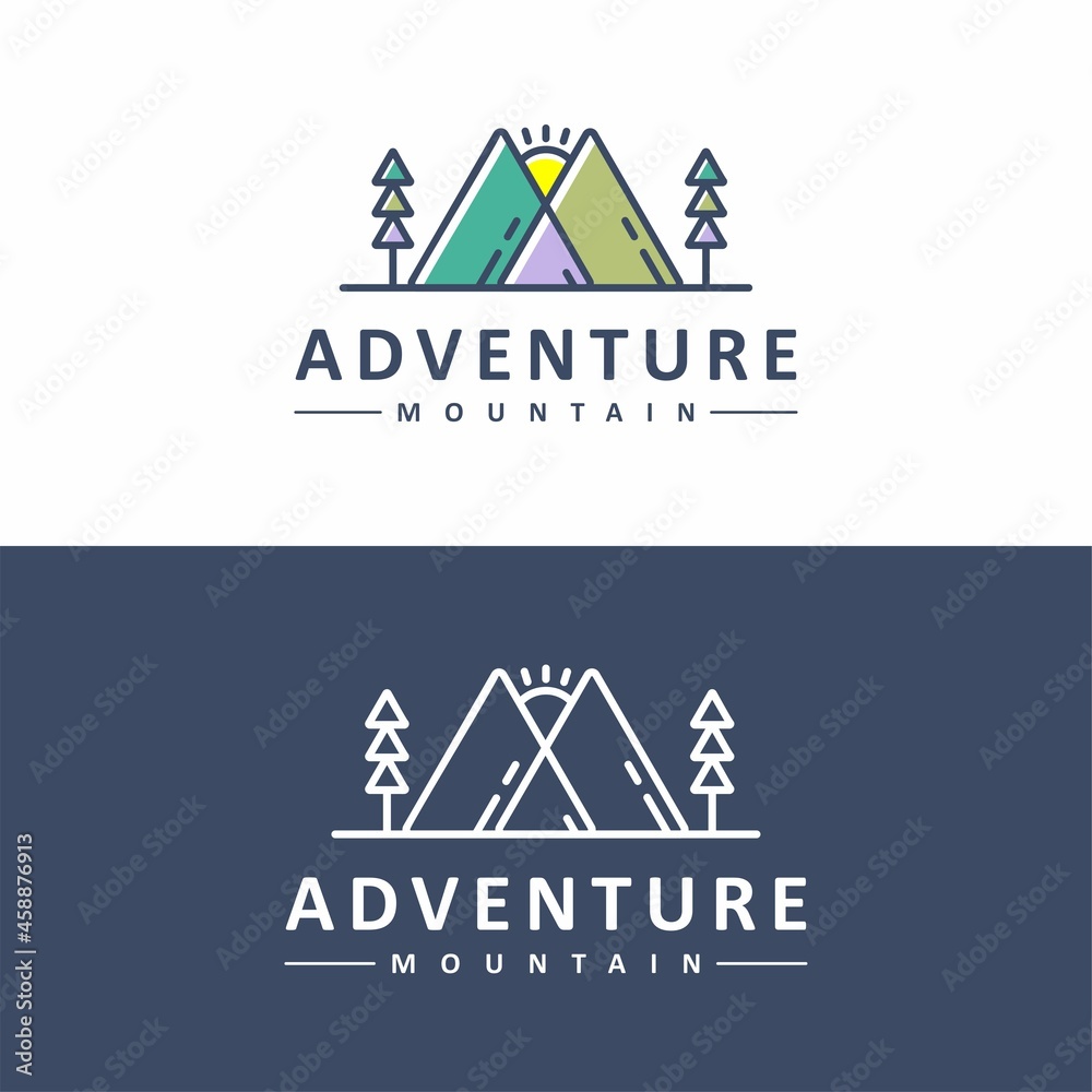Mountain Adventure Logo Design with Mountain Icons, Spruce or Pine Trees, Sun Vector Illustration. With a Modern Style Concept Colorful Line Art.