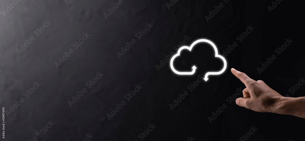 Business woman holding icon cloud computing network and icon connection data information in hand. Cloud computing and technology concept. Business woman holding icon cloud computing network and icon connection data information in hand. Cloud computing and technology concept.