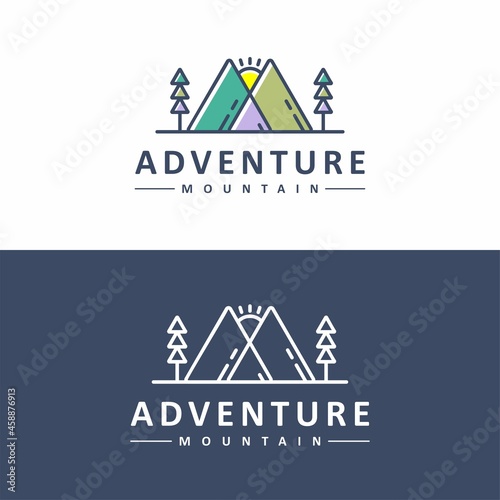 Mountain Adventure Logo Design with Mountain Icons, Spruce or Pine Trees, Sun Vector Illustration. With a Modern Style Concept Colorful Line Art.