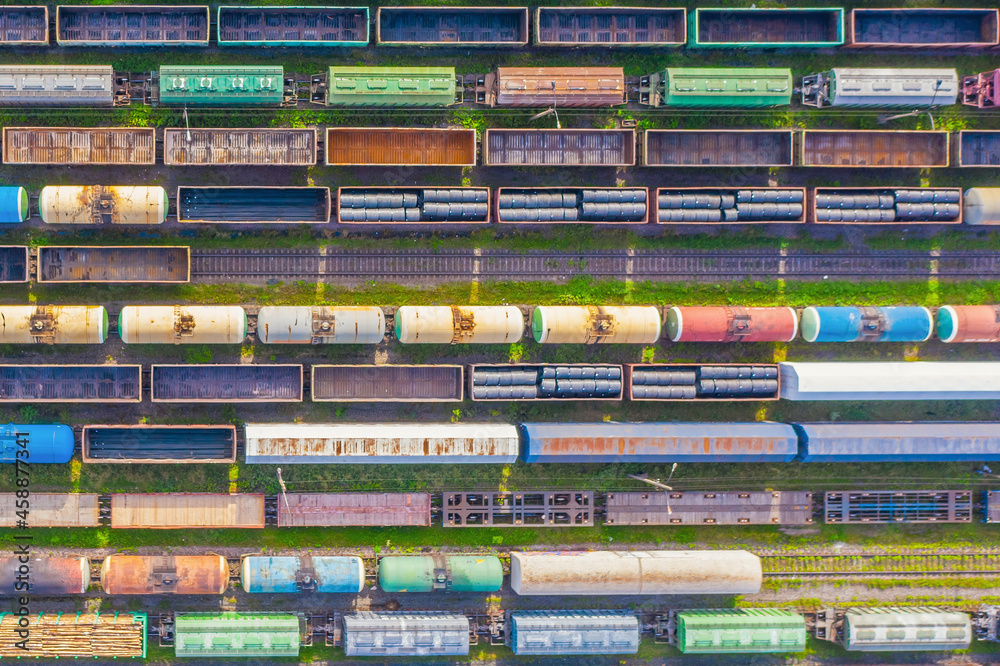 Aerial view Many freight and cargo trains at station.