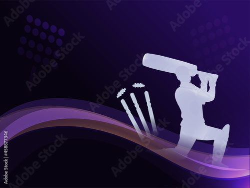 Silhouette Batsman Player In Action Pose And Abstract Wave On Purple Stadium Lights Background For Cricket Championship.
