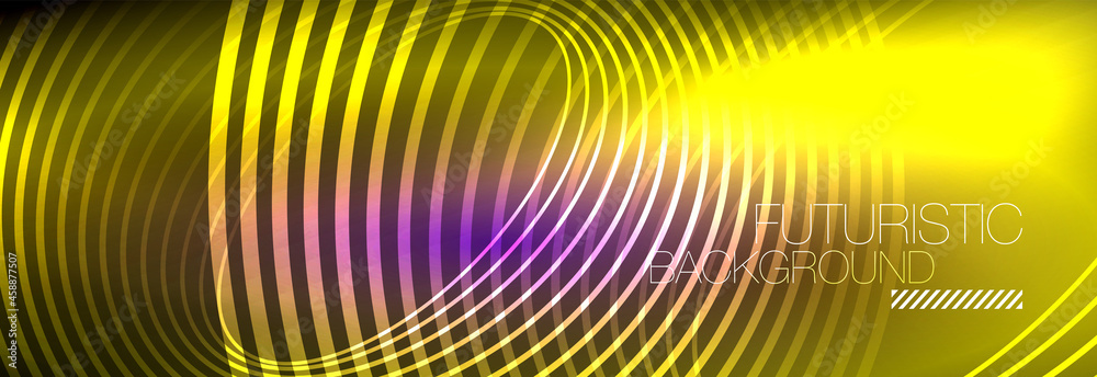 Dark abstract background with glowing neon circles. Trendy layout template for business or technology presentation, internet poster or web brochure cover, wallpaper