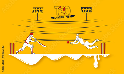 T20 Cricket Championship Concept With Cartoon Batsman And Bowler In Playing Pose On Yellow Background.