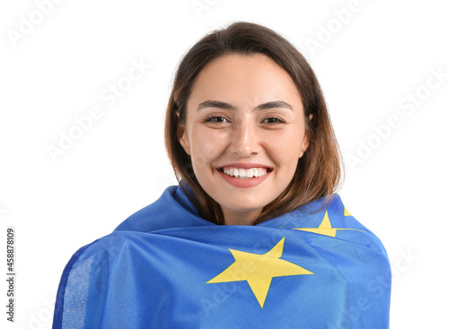 Young woman with flag of Eu...