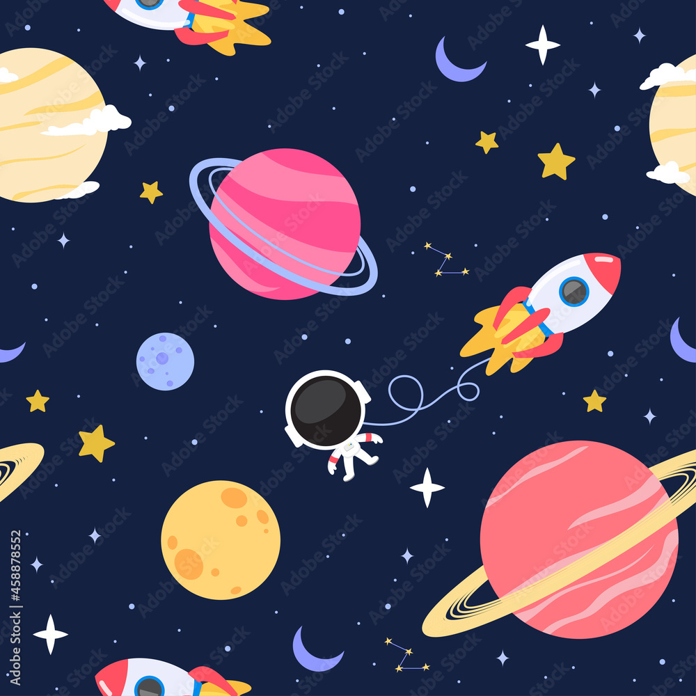 Cute Space seamless pattern background vector illustration. Flat design of Planets, spaceship and astronaut Cute Space seamless pattern background vector illustration. Flat design of Planets, spaceship and astronaut