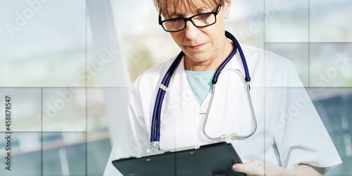 Female doctor taking notes on clipboard  geometric pattern