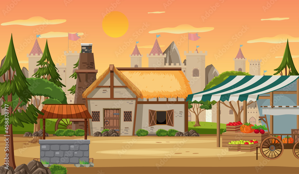 Medieval town scene with market place Medieval town scene with market place