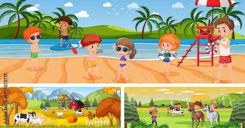 Set of different outdoor panoramic landscape scenes with cartoon character © brgfx