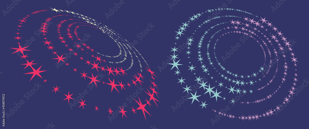 Color spiral with six corner stars in circle. Halftone background and perspective. Yin and Yang Symbol - obrazy, fototapety, plakaty 