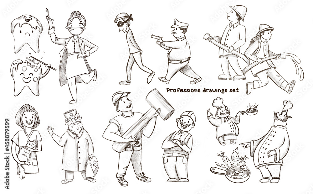 Sketch collection of professions pencil drawing, firefighter, nurse, dentist, policeman, veterinarian