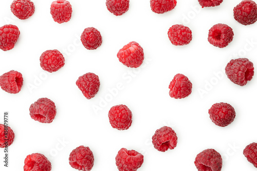 Flat lay composition with red juicy raspberry, isolated on white background