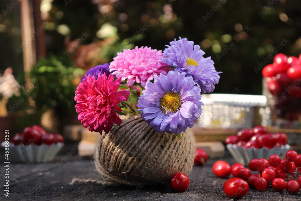 flowers in a garden, ball of string flowers in a garden, ball of string
