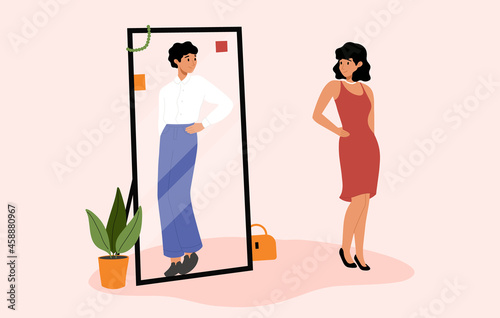 Transgender, concept of gender identity and transgenderness. Transsexual woman looks in the mirror. Non-binary people rights, transgenders, lgbtq community, gender transition, genderfluid