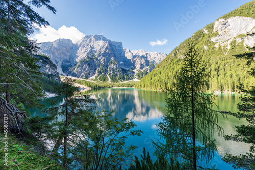 Pragser Wildsee or Lago di Braies  Lake Braies   and Mountain peak of Croda del Becco or Seekofel  Dolomites  Fanes-Senes-Braies nature park  South Tyrol  Trentino-Alto Adige  Bolzano  Italy  Europe.