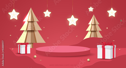 Merry Christmas and Happy New Year banner. Minimal mock up scene with studio podium to show product display. 3D vector tree xmas,  gift boxes and party elements