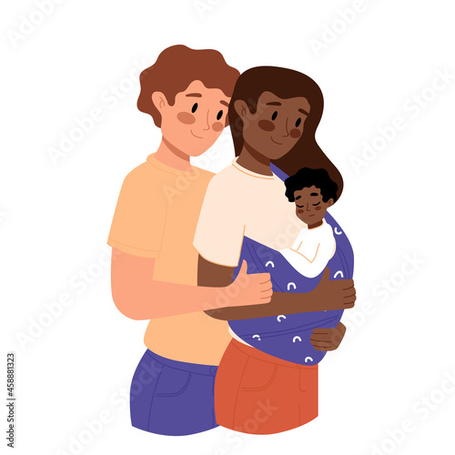 Young happy mother and father with newborn baby on arms. Parents family concept. Sling with a child, baby clothes. Mom and dad nursing baby. Multiethnic, multiracial couple