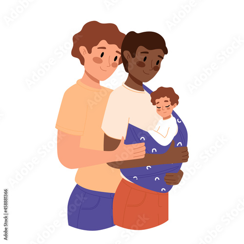 Happy gay couple adopting baby. Two young men holding new born child in sling. LGBT parenting, adoption. Gay male family. Cartoon flat vector, Isolated Illustration.