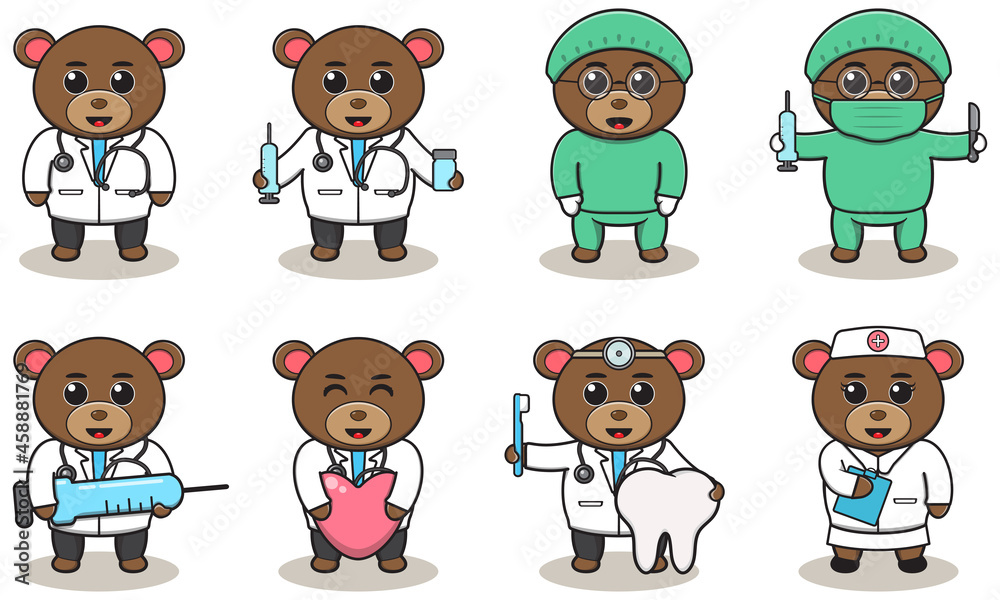 Vector illustration of Cute Character Cartoon of Bear Doctor. Good for label, sticker, clipart. white isolated background Vector illustration of Cute Character Cartoon of Bear Doctor. Good for label, sticker, clipart. white isolated background