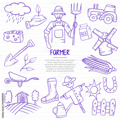farmer jobs or career professional doodle hand drawn with outline style on paper books line