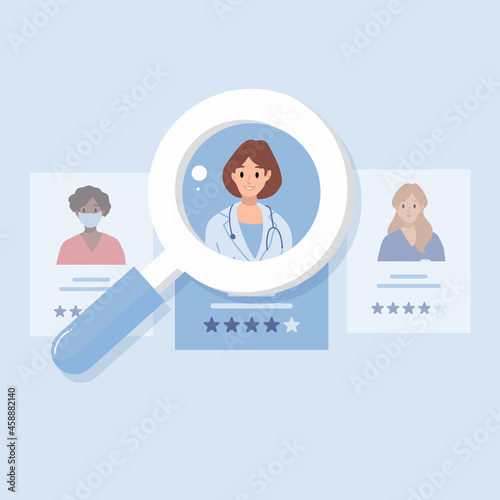Patient chooses family doctor, doctors team medical staff portraits. Online searching therapist via internet site. Mobile app to find a specialist, medical insurance, telemedicine. For banner, flyer