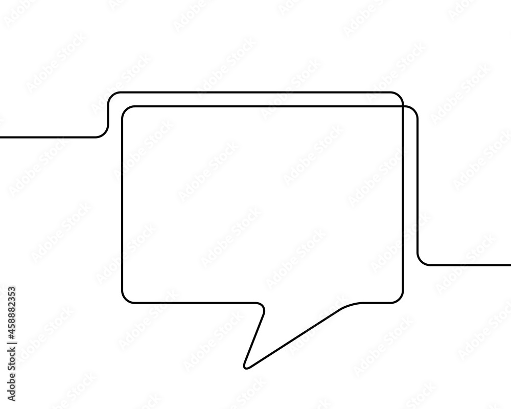 One line drawing of speech bubble, Black and white vector minimalistic linear shape made of continuous line rectangular with round corners One line drawing of speech bubble, Black and white vector minimalistic linear shape made of continuous line rectangular with round corners