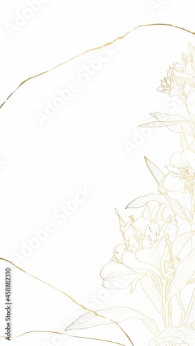 Minimalistic Golden greeting, invitation card template design, many kind of garden tulips flowers with hand drawn doodle graphics on white background,