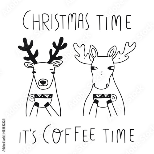 Deer and moose drink coffee. Christmas time it's coffee time. Outline vector illustration on white background.