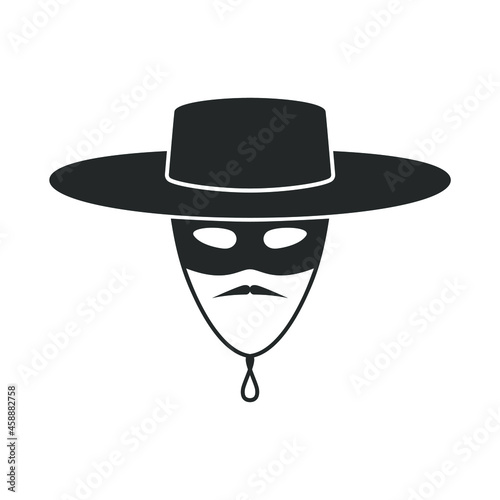 Zorro mask graphic icon. Hat, mask and mustache sign isolated on white background. Vector illustration photo