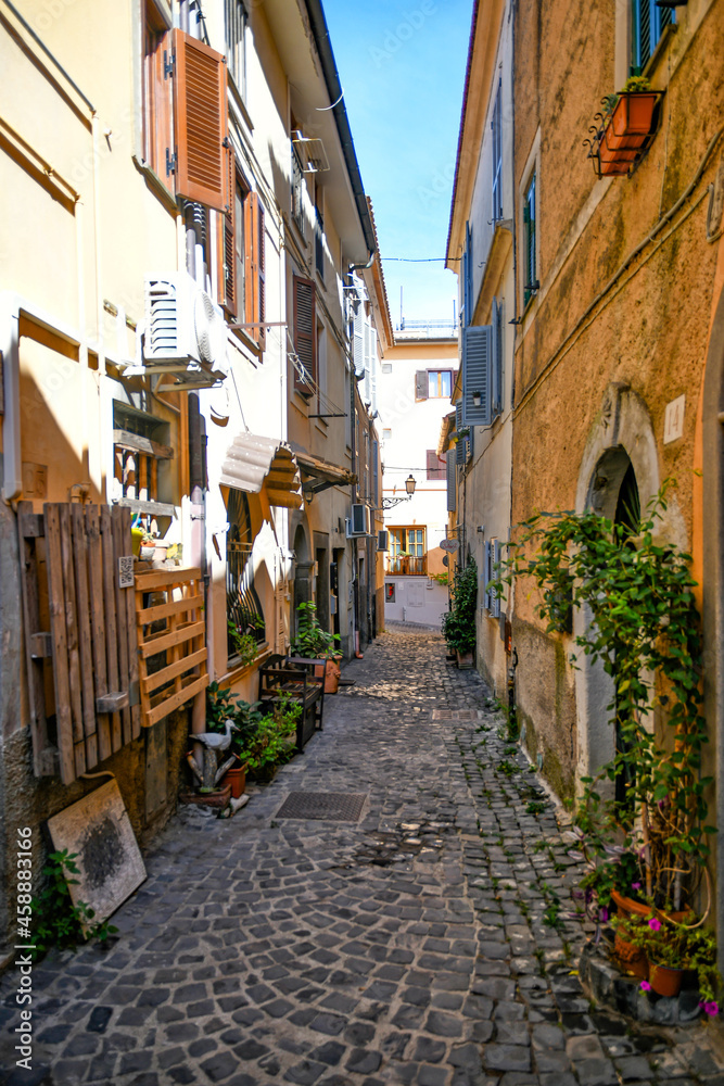 A narrow street in Castelgandolfo, a medieval town overlooking a lake in the province of Rome, Italy.