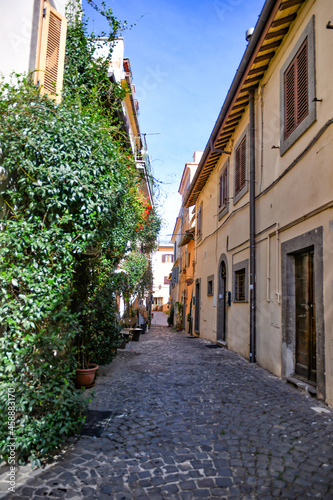 A narrow street in Castelgandolfo, a medieval town overlooking a lake in the province of Rome, Italy.