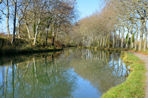 France, sud ouest, le canal du midi aux couleurs de l'automne, il relie Toulouse à la mer méditerranée depuis le XVIIème siècle.